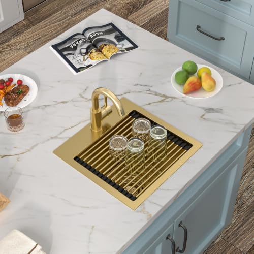 15"x15" Gold Bar Prep Sink Drop In Workstation with Faucet Combo - Image 3