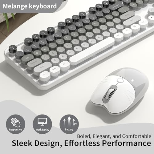 Creamy Wireless Keyboard and Mouse, MOFII 104 Round Keycaps Retro Typewriter with OTG & Brush, Full-Size Ergonomic, Ideal for Windows PC, Home, Office and College Gray White - Image 3