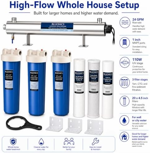 Bluonics 110w Complete Well Water Filter System with a pre-Filter, Extra Filter Set and 2 uv Bulbs, 4-Stage Filtration with uv Water Treatment, Triple 20 x 4.5 Sediment and Carbon Filters, 24 gpm - Image 3