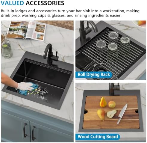 18"x18" Black Bar Prep Sink Drop In Workstation with Faucet Combo - Image 6