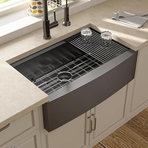 30 Black Farmhouse Sink - Lordear 30 inch Farm Kitchen Sink Workstation Apron Front 16-Gauge Gunmetal Black Stainless Steel Single Bowl Deep Kitchen Farmer Sinks, 9" Apron Height - Image 3