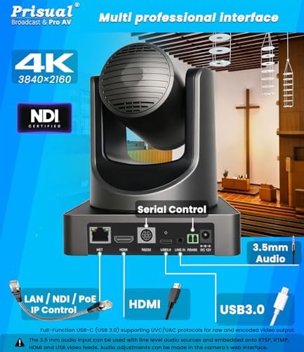 Prisual 4K30 NDI PTZ Camera, 20X Optical Zoom, PoE, HDMI, USB 3.0, LAN, 3 Simultaneous 4K Outputs, 60° Wide View for Church Worship, Education, Conference, Live Streaming - Image 2