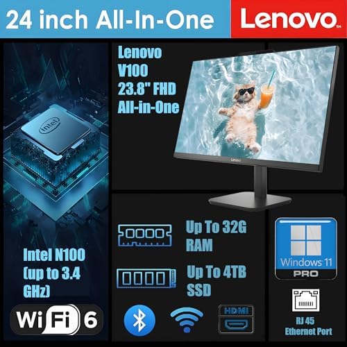 Lenovo 23.8" FHD All-in-One Desktop Computer for Home & Business, Intel N100 (up to 3.4 GHz), 32GB RAM, 1TB SSD, Intel UHD Graphics, RJ45, Bluetooth, HDMI, Wi-Fi, Keyboard & Mouse, Windows 11 Pro - Image 2