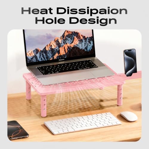 Computer Monitor Stand Riser for Desk, 3 Height Adjustable PC Laptop TV Desktop Monitor Stand Shelf, Metal Printer Table with Phone Holder, Stand Riser for Desk, Office Desk Organizers and Accessories, Pink 2 Pack - Image 6