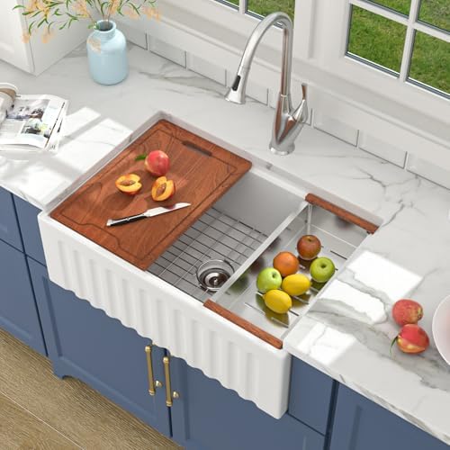 Lordear 33 White Farmhouse Sink Workstation Porcelain Farm Kitchen Sinks White Single Bowl Basin 33x20x10 Inch Large Bowl Sink - Image 3