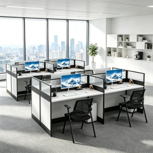 4-Person Office Cubicle Workstation Desk with Mute Privacy Panels & Cable Management, Computer Cubicles Desk for Home & Commercial Office Use, Walnut Finish by Unknown