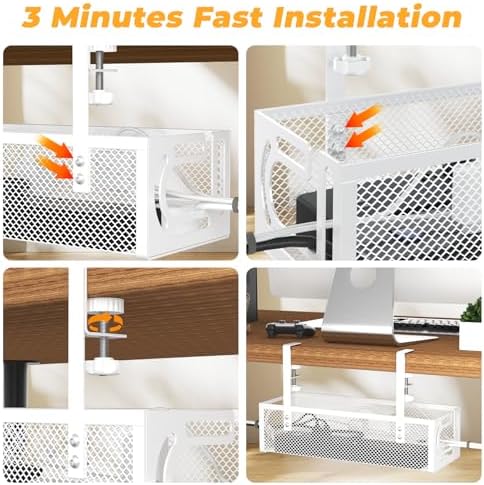 Under Desk Cable Management Tray, 15.7'' No Drill Steel Desk Cable Organizers, Wire Management Tray Cable Management Rack (1 Pack-White) - Image 6