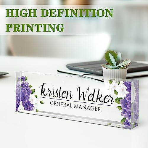 Custom Name Plate for Desk, Desk Name Plate Personalized, Office Decor for Women, Acrylic Desktop Accessories, Office Appreciation Gifts for Boss Social Workers Nurse Teacher Employee(Purple Flowers) - Image 3