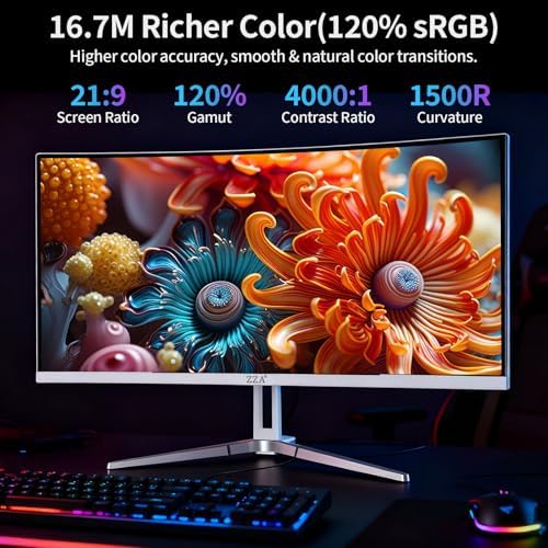 ZZA 34'' Gaming Monitor-165Hz/180Hz WQHD (3440x1440P) Ultrawide 34 White Curved Monitor,FreeSync for Tear-Free Gaming,120% sRGB, HDMI 2.1 & DP 1.4,PBP Mode,Wall Mountable - Image 3