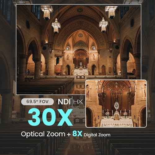 NDI PTZ Camera AI Auto Tracking 3G-SDI/USB3.0/HDMI/LAN PoE 30X Optical and 8X Digital Zoom Live Streaming Camera 1080P 60FPS for Church Services Worship Education Events vMix OBS YouTube - Image 3