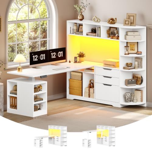 SEDETA 59" L Shaped Standing Desk with 3 Drawers Storage and Bookshelves by SEDETA