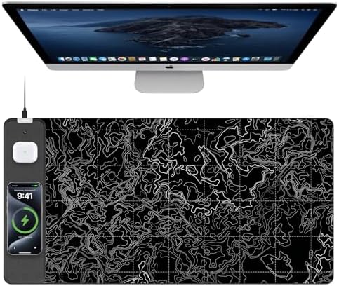 Mouse Pad with Wireless Charging, Large Desk Mat, Black Topographic Map #3 by TopmadeProduct-Ordernow