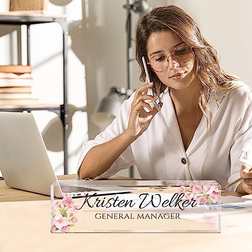 Personalized Office Name Plate for Desk - Custom Employee Appreciation Gifts - Acrylic Desk Name Plate Personalized - Staff Appreciation Gift for Teacher, Coworker, Nurse, Manager (Pink Flower) - Image 2