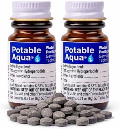 Potable Aqua Water Purification Tablets, Portable and Effective Water Purification Solution for Camping, Hiking, Emergencies, Natural Disasters and International Travel, Two 50ct Bottles, Blue by Potable+Aqua