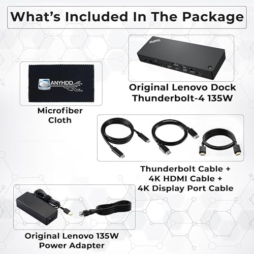 40B00135US Lenovo Thinkpad Docking Station USB C - 1 Year Warranty, Supports 4K Display, Thunderbolt 4 Dock with 135W Adapter, HDMI, DisplayPort, Thunderbolt Cables & Cloth - Lenovo Docking Station - Image 2
