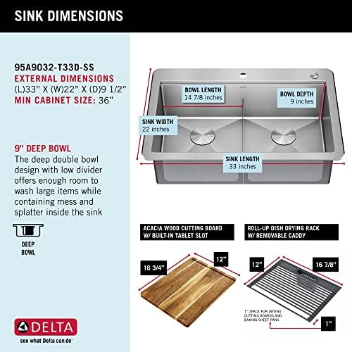 DELTA FAUCET 95A9032-T33D-SS Lorelai Workstation Kitchen Sink Drop-In Top Mount 16 Gauge Stainless Steel Double Bowl with WorkFlow Ledge and Chef’s Kit of 8 Accessories, 33 Inch - Image 6