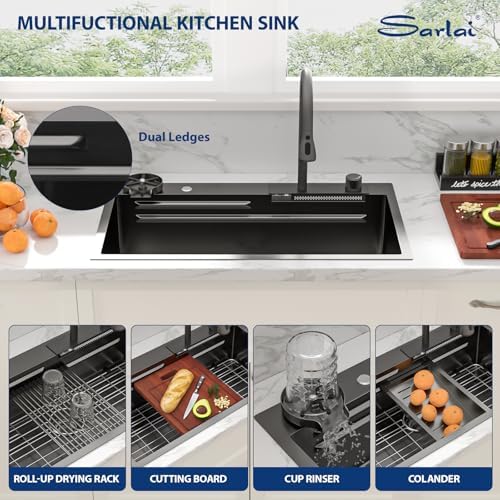 Sarlai Waterfall Kitchen Sink - 33 Inch Drop In Workstation Sink With Waterfall Black Stainless Steel 16 Gauge Multifunction Single Bowl Smart Top Mount Kitchen Sinks with Mechanical Keys 33x19x9 Inch - Image 7