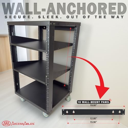 AxcessAbles 16U Open Frame Network & AV Rack with Caster Wheels, Two 2U Shelves, 10-32 & Cage Nut Compatible Rails, Cage Nuts, Screws, Cage Nut Tool & Wall Mount Kit | 19-Inch Equipment Rack - Image 3