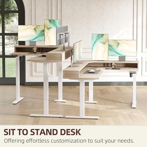 TIQLAB 63'' L-Shaped Standing Desk with LED Light Strip and Power Outlet, Height Adjustable Corner Table with Ergonomic Monitor Stand, Light Walnut - Image 6