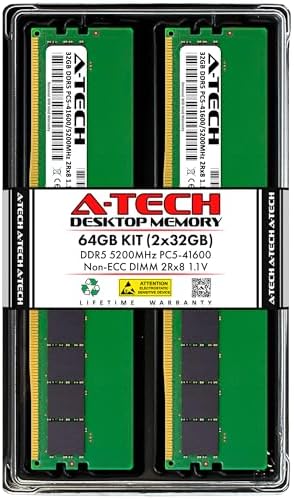 A-Tech 64GB Kit (2x32GB) DDR5 5200MHz PC5-41600 CL42 UDIMM 2Rx8 Dual Rank 1.1V Non-ECC Unbuffered DIMM 288-Pin Desktop PC/Computer RAM Memory Upgrade Modules by A-TechComponents