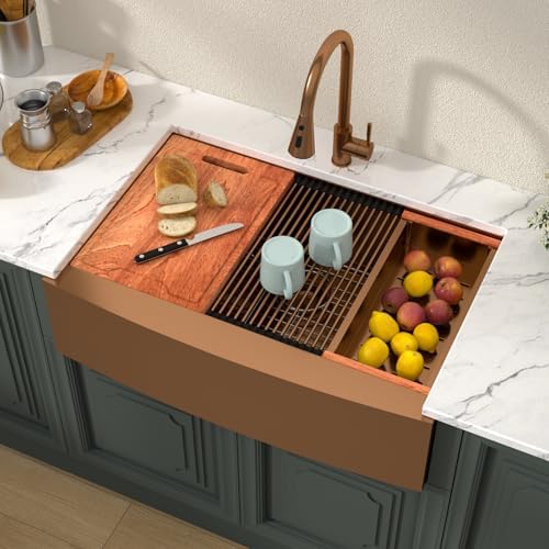 Lordear 33x21Inch Copper Tone Bronze Farmhouse Kitchen Sink Workstation SUS304 16-Gauge Stainless Steel Farmhouse Sink Apron Fron Farm Style Undermount Sinks, 33"x21"x10" - Image 3