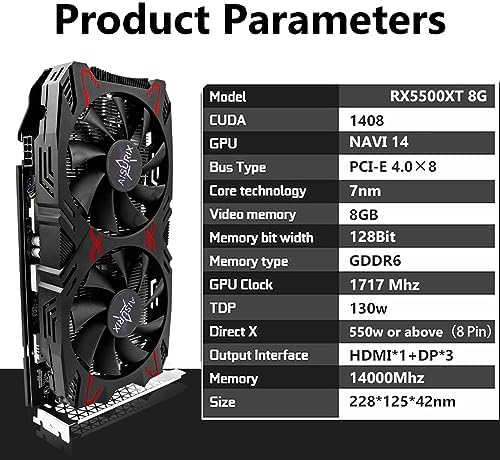 AISURIX RX 5500 XT 8gb GDDR6 Graphics Card,128 Bit, 3XDP, HDMI, PCI Express 4.0X8, 8pin with Fan Intelligent System,Gaming PC Computer Video Cards with 3X DisplayPort +1X HDMI (Style 1) - Image 3