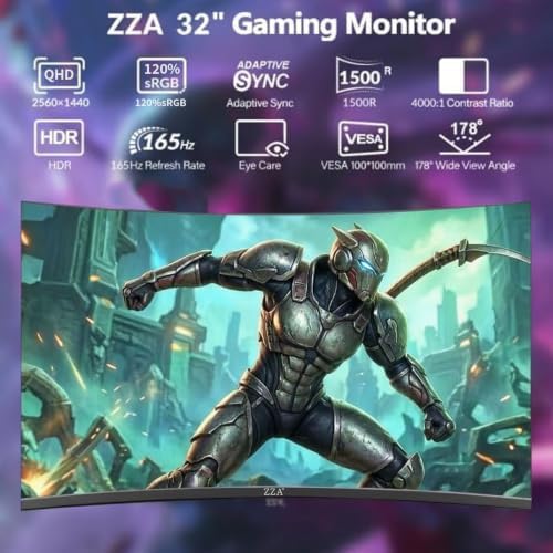 ZZA 32 Inch Curved Monitor,1440p VA Screen 165Hz, 1500R Curved Gming Monitor,Computer Monitor 1ms,FreeSync & G-Sync, HDR10, 120% sRGB Coverage, DP/HDMI, PC Monitor VESA Mount Compatible - Image 2
