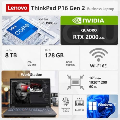 Lenovo ThinkPad P16 Mobile Workstation, Intel 24-Core i9-13980HX, NVIDIA RTX 2000 Ada 8GB, 64GB DDR5 RAM, 2TB SSD, 16" WUXGA, Backlit Keyboard, Fingerprint Reader, Windows 11 Pro - Image 2
