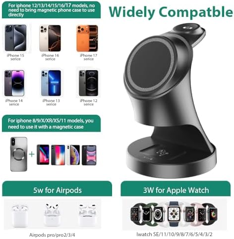 Wireless Charger,3 in 1 Magnetic Wireless Charger Stand, Fast Wireless Charging Dock for iPhone17/16/15/14/13/12 Series, Apple Watch Series, AirPods Pro. - Image 4