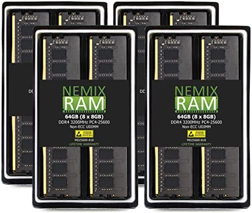 NEMIX RAM 64GB (8X8GB) DDR4 3200MHz PC4-25600 1Rx8 1.2V CL22 288-PIN Non-ECC Unbuffered UDIMM Desktop PC Memory KIT by NEMIXRAM