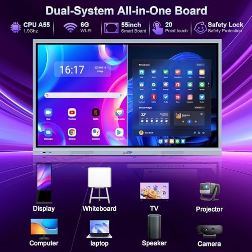 55" Smart Board, 8 + 256 GB Digital Interactive Whiteboard Display Built-in Windows10 & Android 11 Dual System with 4K Touchscreen, Electronic Smartboard for Classroom Office Home (Board Only)​ - Image 2