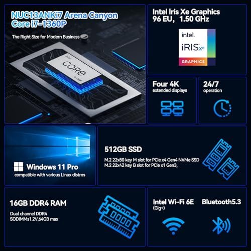 Intel NUC 13 Pro Arena Canyon Mini PC, Core i7-1360P, 16GB RAM, 512GB SSD, Mini Computers Windows 11 Pro for Business Home Office, Support 8K/4K Quad Display/WiFi 6E/BT 5.3/Thunderbolt 4(NUC13ANKi7) - Image 3