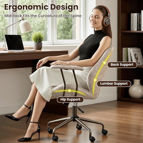 ovios Ergonomic Office Chair, Mid-Back Faux Suede Fabric Executive Chair with Padded Armrest, Mid-Century Modern Comfy Swivel Rolling Computer Desk Chairs, Beige - Image 3
