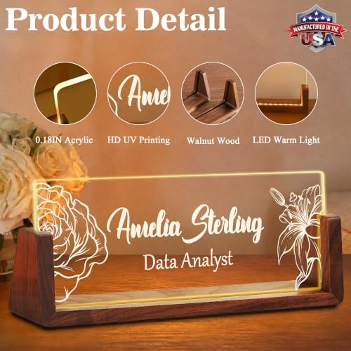 Custom Name Plate for Desk with LED Walnut Frame, Office Desk Decor - Image 2