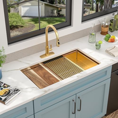 33 Undermount Kitchen Sink Gold - Fulorni 33"x19" Kitchen Sink Brushed Gold NANO-PVD Ledge Workstation 16 Gauge 304 Stainless Steel Under Counter Single Bowl Basin - Image 2