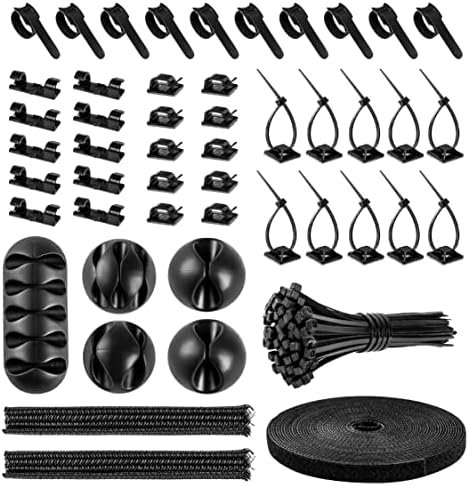 Cable Management Organizer Kit 2 Cable Sleeve Split with 41Self Adhesive Cable Clips Holder, 10pcs and 2 Roll Self Adhesive tie and 100 Fastening Cable Ties for TV Office Home Electronics etc by CHZHLI