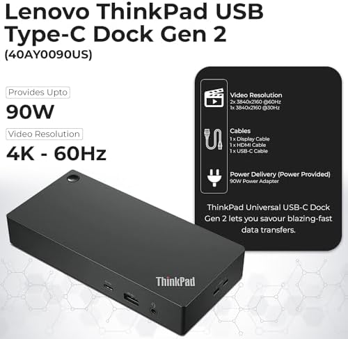 Lenovo 40AY0090US Dock Dual Monitor Bundle - Lenovo Docking Station USB C with 90W AC Adapter + 4K HDMI Cable + 4K DisplayPort Cable + USB-C Cable + Microfiber Cloth - Supports 4K Display (Renewed) - Image 3