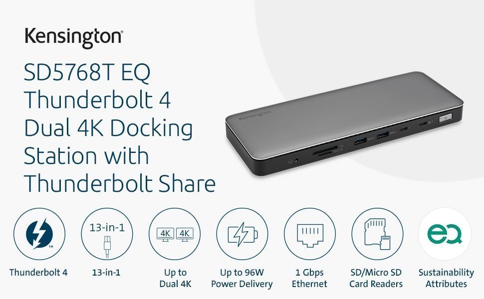 Kensington SD5768T EQ Thunderbolt 4 Docking Station, Dual 4K@60Hz via HDMI/TB4 Ports, 96W Charging, SD/Micro SD Card Slots, Ethernet, Audio, Supports Thunderbolt Share (K35381NA) - Image 5