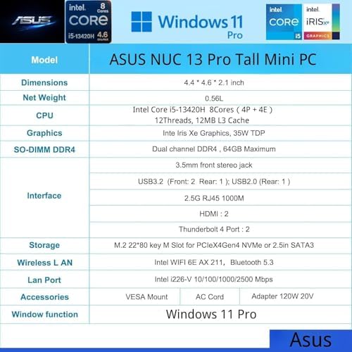 ASUS NUC 13 Pro Mini Desktop Computer, New Slim Version AI PC for Business&Home, Latest 13th Gen Intel Core i5-13420H, 16GB RAM, 1.25TB Storage, 2X HDMI + 2X Thunderbolt, Wi-Fi 6E, RJ-45, Windows 11 - Image 2
