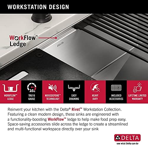 DELTA FAUCET Rivet 33-Inch Workstation Kitchen Sink Undermount 16 Gauge Stainless Steel 50/50 Double Bowl with WorkFlow Ledge and Chef’s Kit of 9 Accessories, 95B931-33D-SS - Image 6