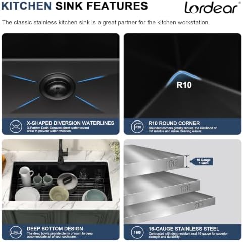 Lordear 36 Inch Black Undermount Kitchen Sink Workstation SUS304 16 Gauge - Image 6