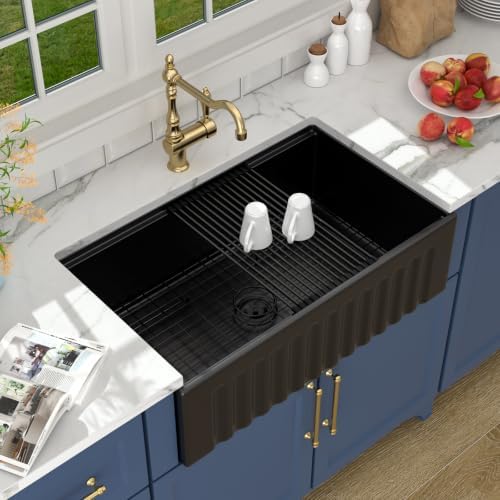 Lordear 33 Black Farmhouse Sink Workstation Porcelain Farm Kitchen Sinks Matte Black Single Bowl Basin 33x20x10 Inch Large Bowl Sink - Image 2