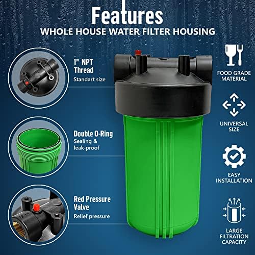 High Capacity 10 x 4.5” Whole House Filter Purifier System for Well or City Water, Presser Relief Button, 1” NPT Brass Port, Double O-Ring, Meets NSF Standards & Regulations (Green, 3 Sets) - Image 2