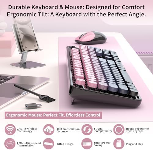 Wireless Keyboard and Mouse, MOFII 104 Round Keycaps Retro Typewriter with OTG & Brush, Full-Size Ergonomic, Ideal for Windows PC, Home, Office and College Peach Pink - Image 2