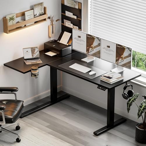 Muvai 71" L Shaped Standing Desk with Cable Tray, Reversible, Black - Image 2