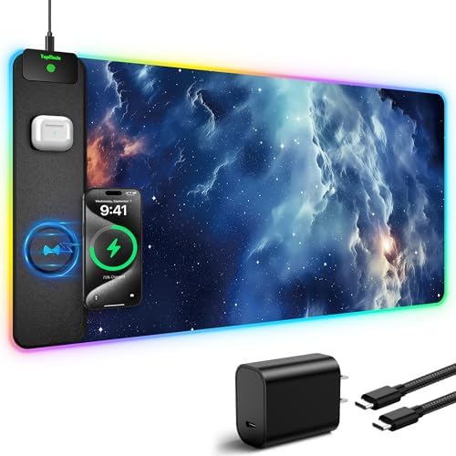 RGB Gaming Mouse Pad with Wireless Charging, Large Desk Mat, Blue Nebula - Image 2