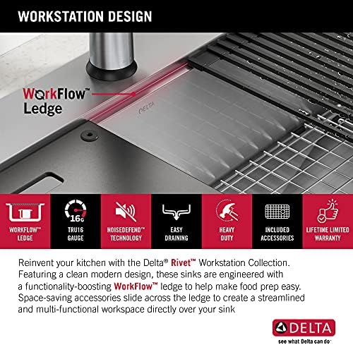 DELTA FAUCET Rivet 25-Inch Workstation Kitchen Sink Drop-In Top Mount 16 Gauge Stainless Steel Single Bowl with WorkFlow Ledge and Chef’s Kit of 5 Accessories, 95A931-25S-SS - Image 5