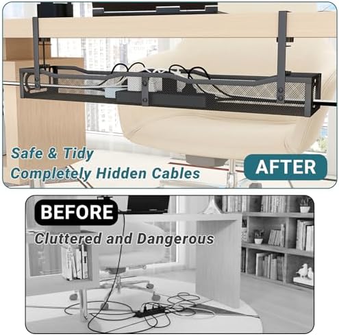 Cable Management Under Desk, 25.3'' No Drill Desk Cable Management Tray with Clamp, Metal Cord Organizer for Standing Desk, Computer Wire Management for Home Office & Gaming Setup, Black - Image 3