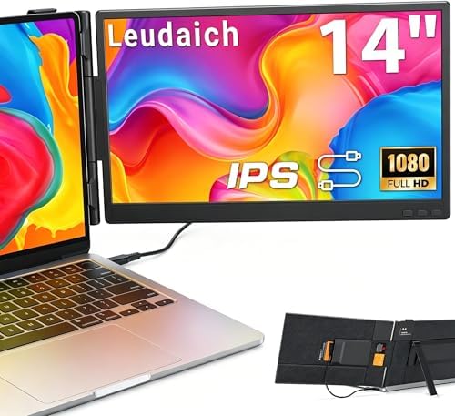 Leudaich Laptop Screen Extender, 14" FHD 1080P IPS Laptop Monitor Extender Dual Screen, Portable Monitor for Laptops 13-16" with USB-C/HDMI Port, Plug & Play for Windows/Mac/Android by Leudaich