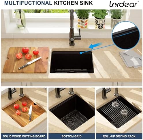 Lordear 18 Inch Black Granite Composite Kitchen Sink Workstation 18x18 Matte Black Undermount Quartz Sinks Under Counter Single Bowl Sink with Black Accessories - Image 5